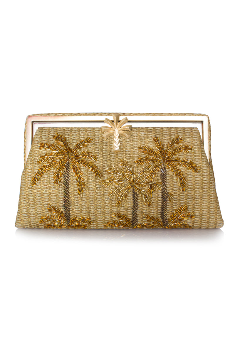 Golden Oasis gold straw Grace clutch by Sarah's Bag featuring a sleek, elegant design with a gold-tone finish and woven straw texture.
