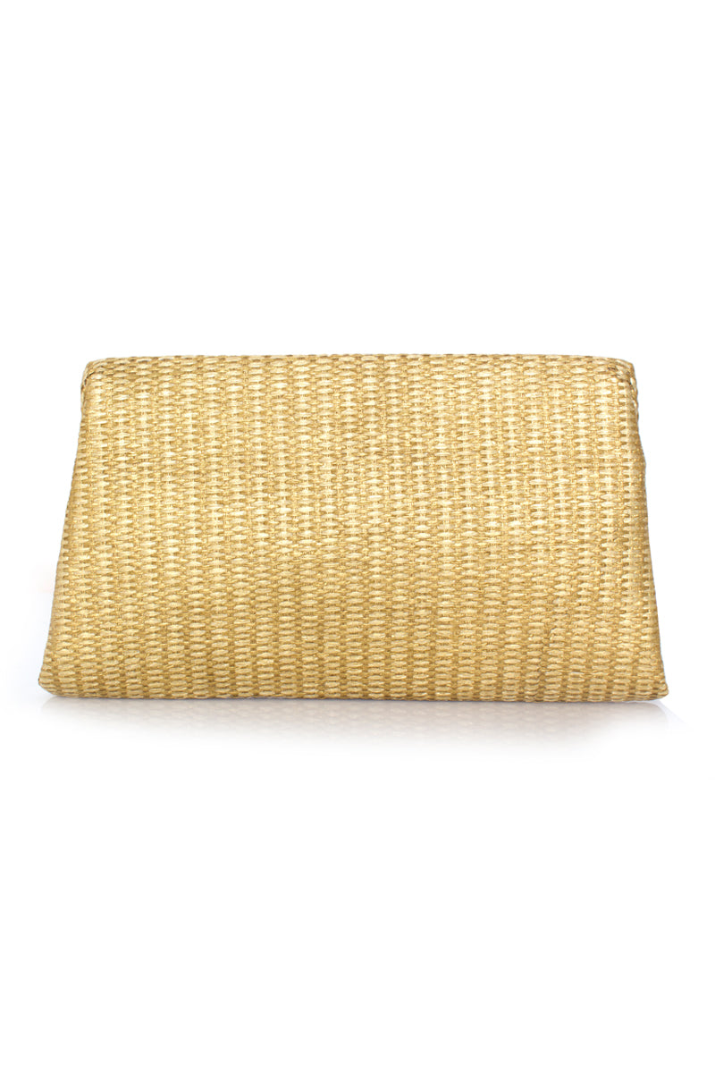 Sarah's Bag Golden Oasis gold straw clutch with elegant design, front view showing textured material and compact size.