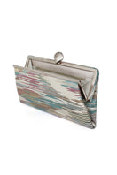 Sarah's Bag LUSH PASTEL GRACE clutch with pastel-colored fabric, open side showing interior, elegant and stylish accessory.