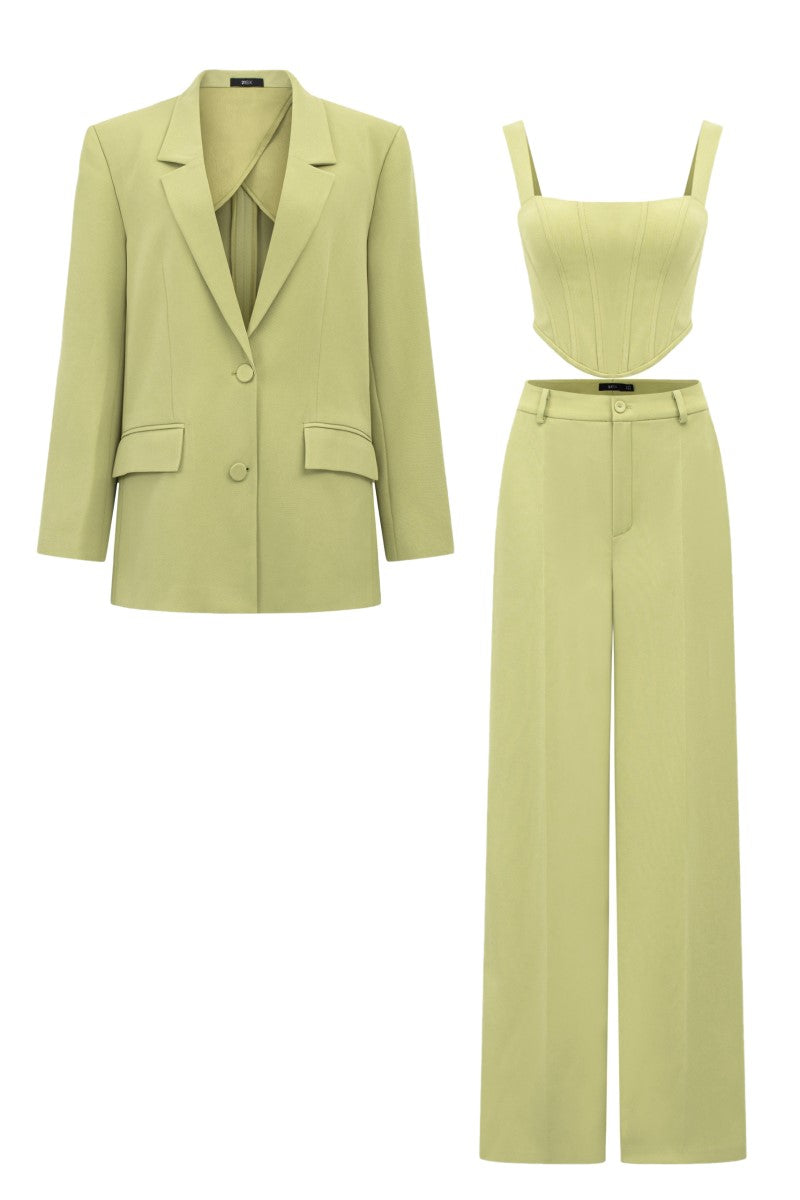 Green Grainne Tuytsi straight co-ord set by 21Six featuring a blazer and matching pants, styled for a sleek, modern look.