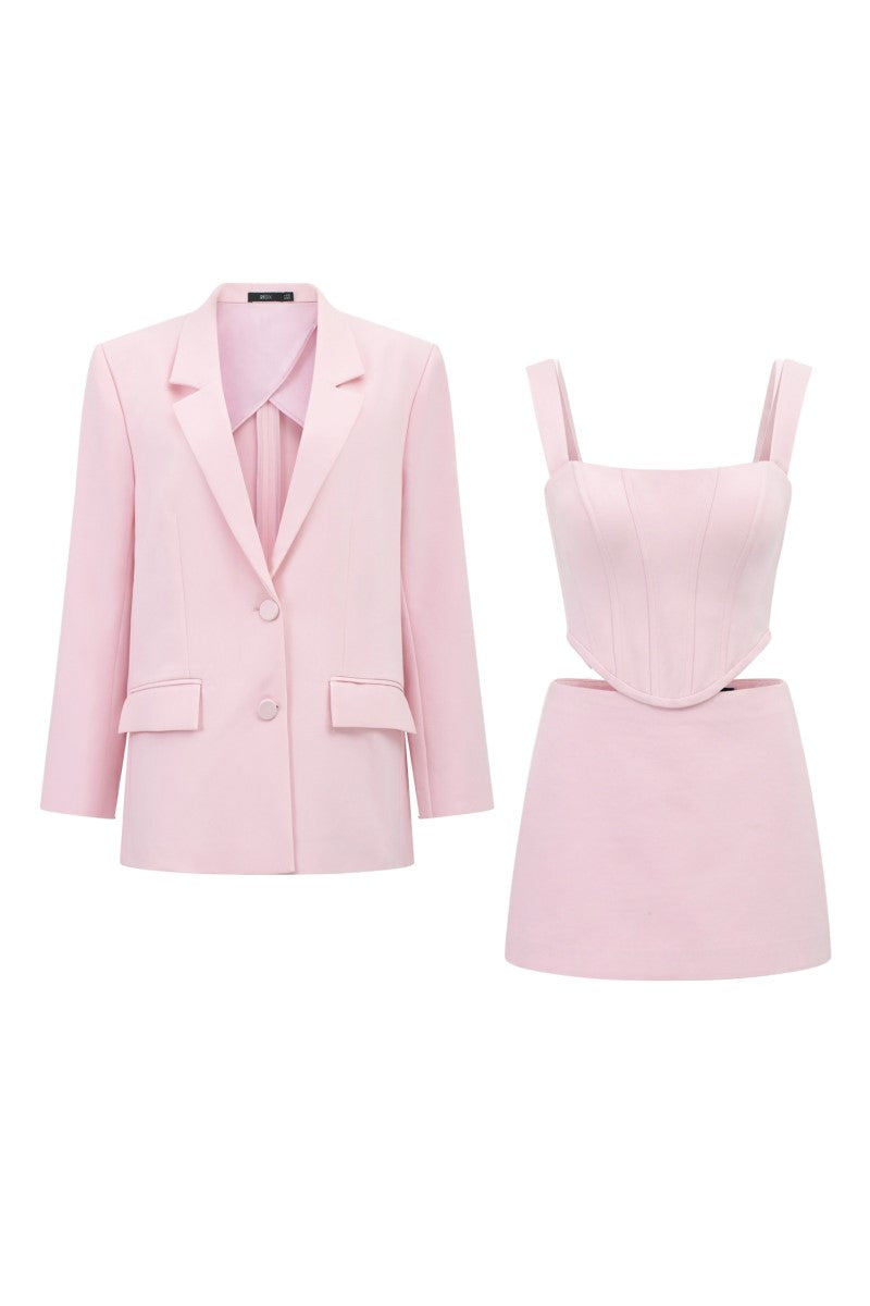Pink Grainne Tuytsi straight co-ords set by 21Six featuring a blazer and matching skirt, styled for a chic, coordinated look.