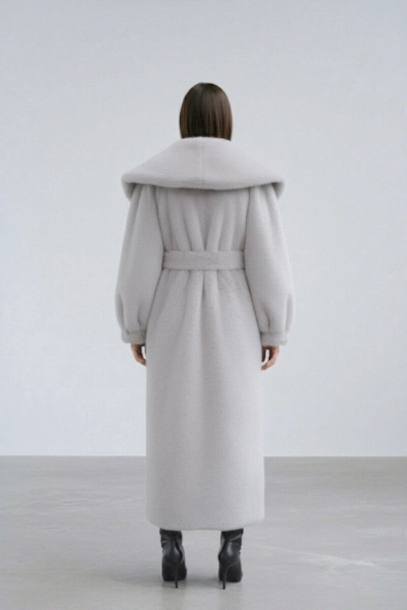 Gray faux fur coat by Fortini, stylish old money-inspired coat with plush texture and elegant design.