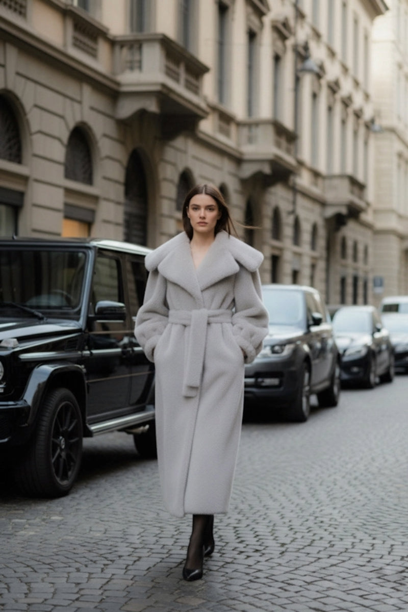 Gray faux fur coat by Fortini, stylish Old Money design, featuring plush texture and tailored fit.