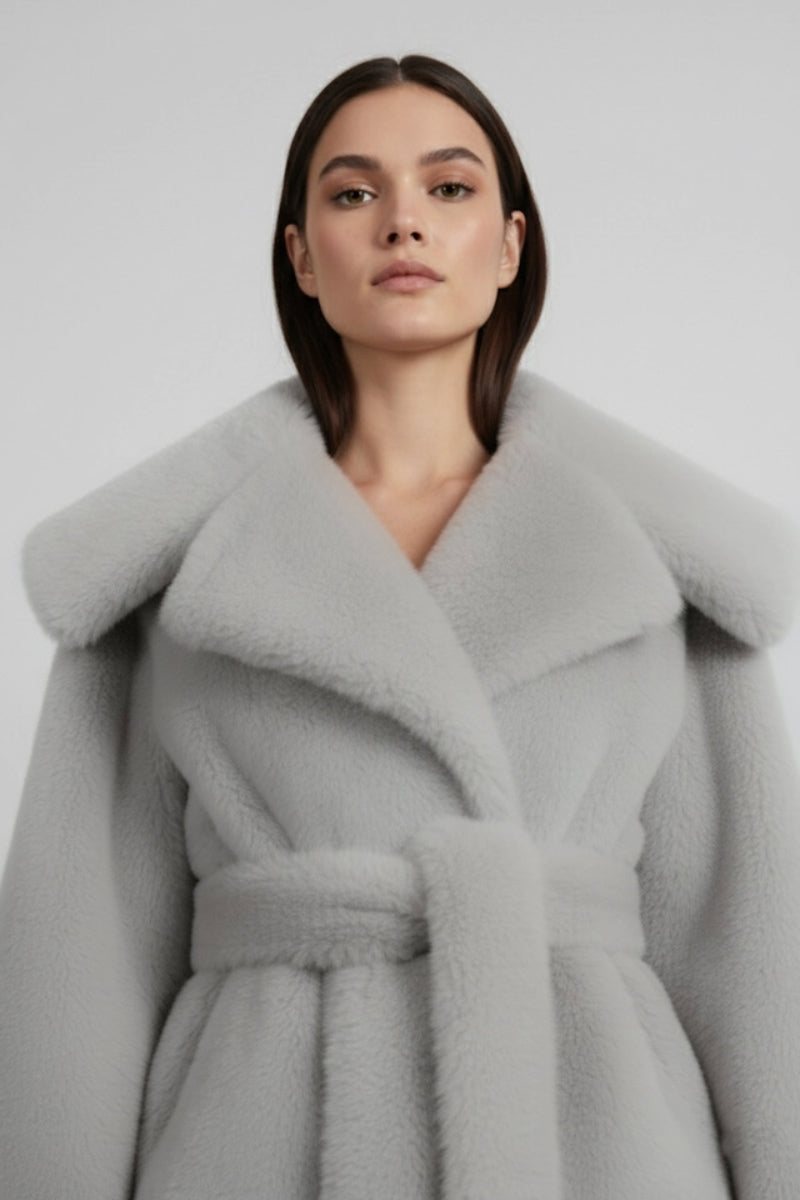 Gray faux fur jacket by Fortini, stylish Old Money design, showing the plush texture and classic fit.