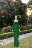Elegant green Elise crepe gown by 21Six, featuring a flowing silhouette and subtle detailing, perfect for formal occasions.