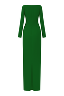 Green Elise Crepe Gown by 21Six featuring elegant draping and a flowing silhouette, perfect for formal occasions.