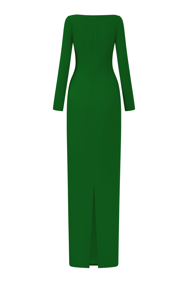 Green Elise Crepe Gown by 21Six featuring elegant draping and a flowing silhouette, perfect for formal occasions.