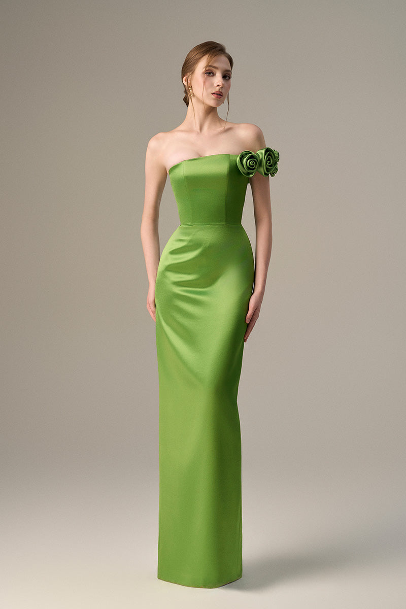 Green I.H.F maxi dress featuring a bustier style with satin floral applique and elegant design.