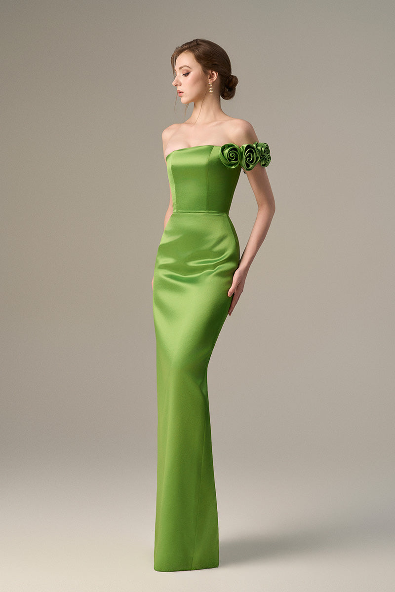 Green I.H.F maxi bustier gown with satin floral appliqué, elegant and flowing dress featuring intricate floral details.