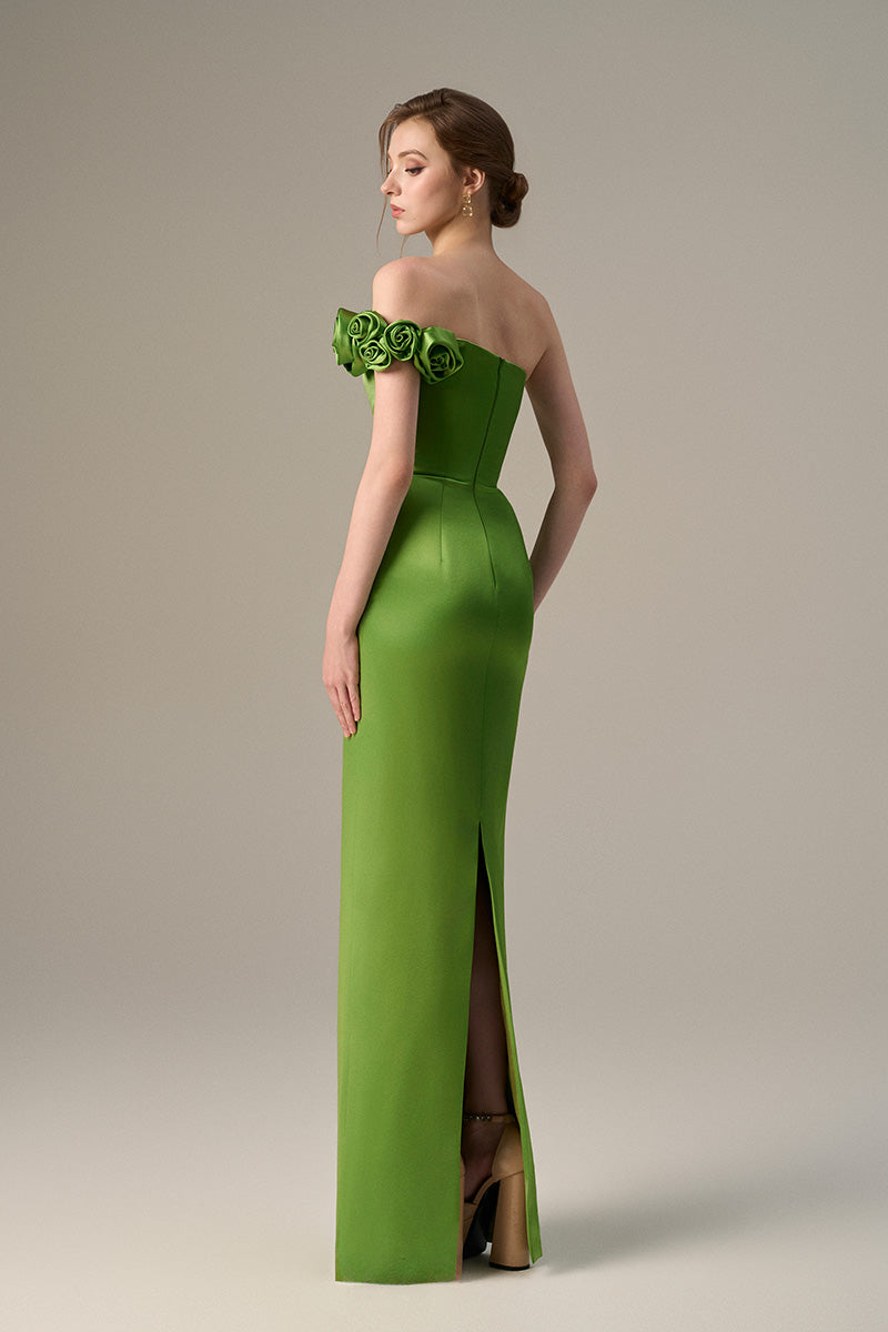 GREEN BUSTIER GOWN ADORNED WITH SATIN FLORAL APPLIQUÉ | CULT MIA