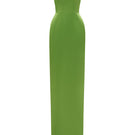 Green I.H.F bustier gown with satin floral applique, elegant evening dress featuring intricate floral details and fitted silhouette.