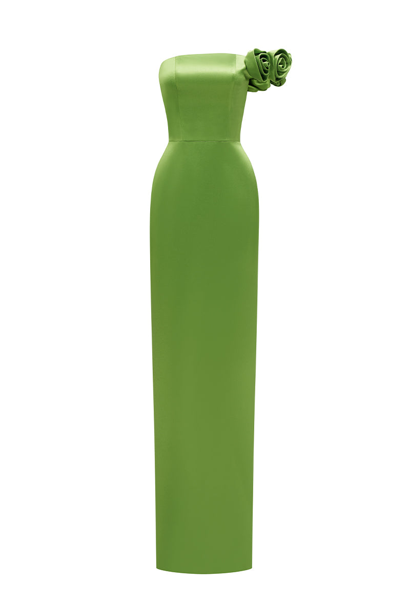 Green I.H.F maxi dress with a bustier style and satin floral appliqué, featuring a flowing, elegant design.