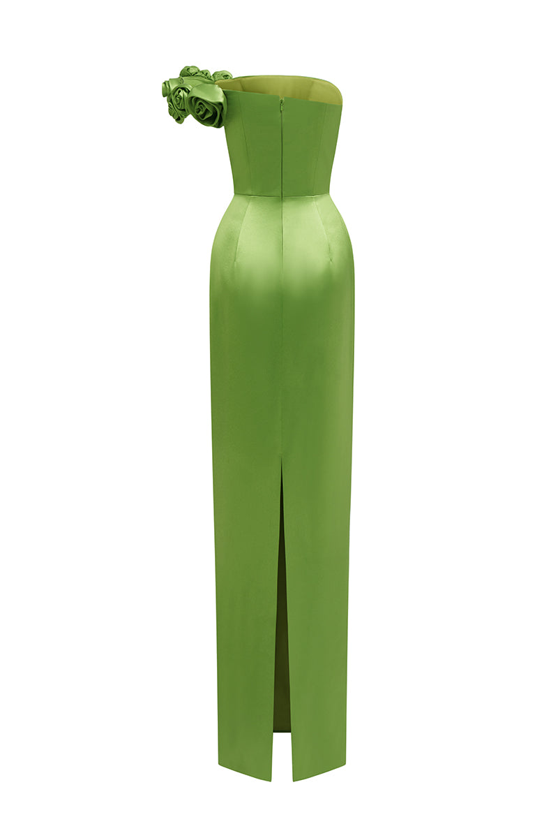 Green I.H.F maxi dress with a bustier style and satin floral appliqué, featuring elegant detailing and a flowing silhouette.
