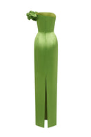 Green I.H.F gown featuring a bustier style with elegant satin floral appliqué and intricate detailing.