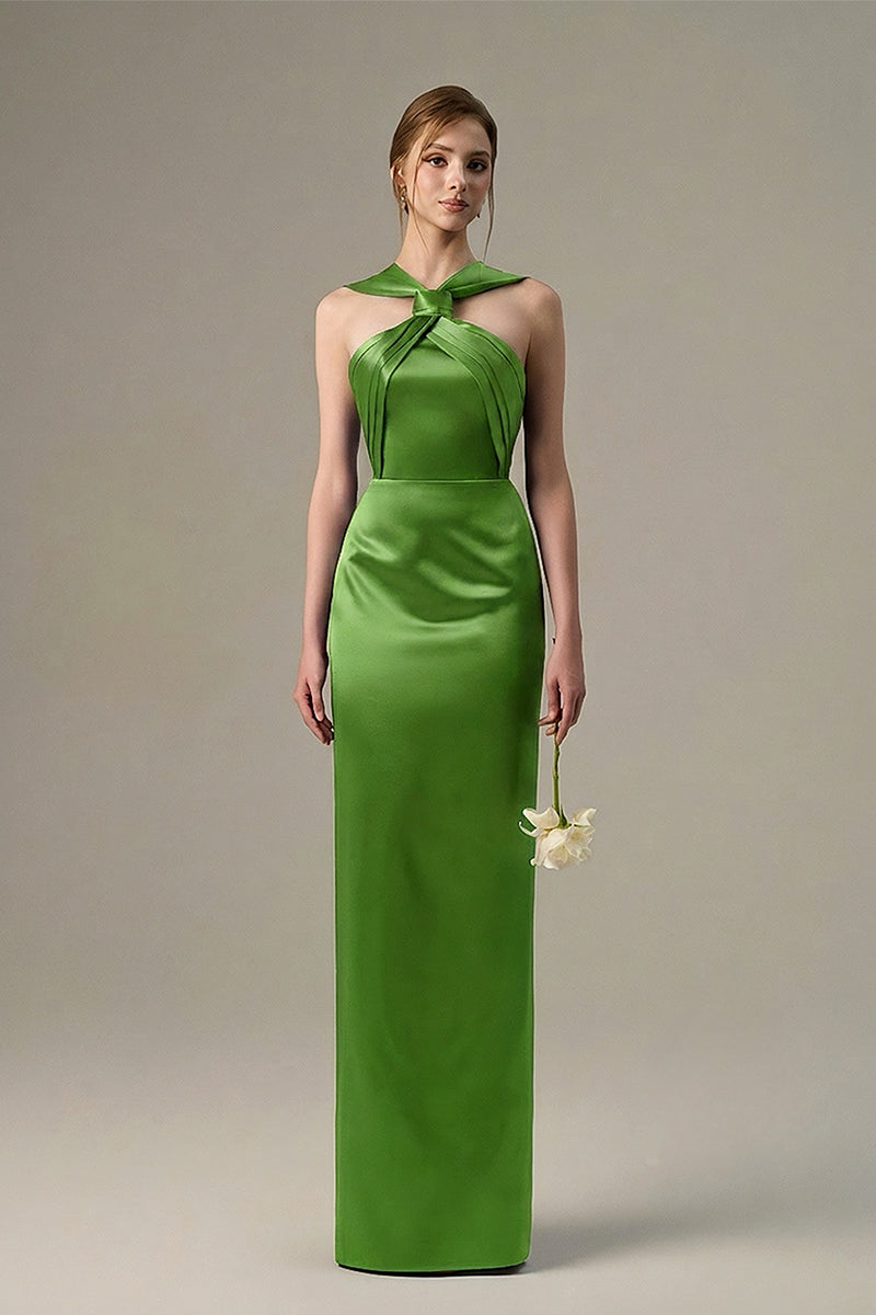 Green satin silk maxi dress by I.H.F featuring a ruched neckline and tie, showcased on a model in a stylish setting.