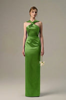 Green satin silk gown by I.H.F with a ruched neckline and tie, elegant evening dress featuring smooth, shiny fabric and stylish design.