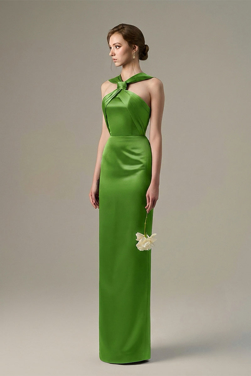 Green satin silk maxi dress with ruched neckline and tie, by I.H.F, featuring elegant draping and sleek design.