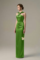 Green satin silk gown by I.H.F with a ruched neckline and tied waist, elegant evening dress for formal occasions.