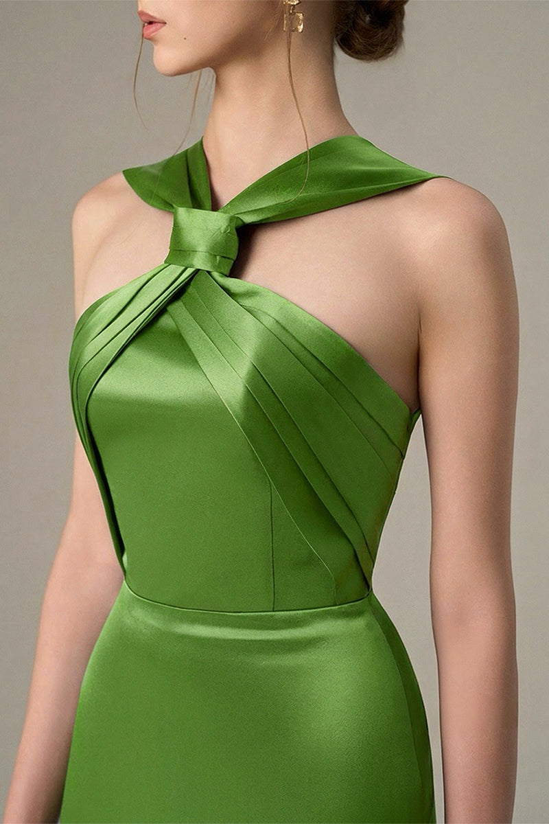 Green satin silk maxi dress with ruched neckline and tie, by I.H.F, showcasing elegant fabric and stylish design.