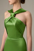Green satin silk gown by I.H.F with a ruched neckline and tie, featuring a flowing, elegant design perfect for formal occasions.