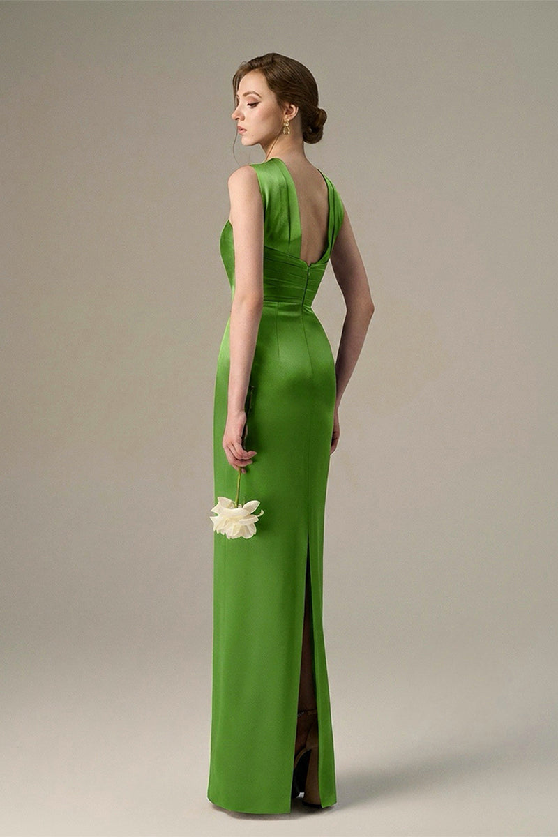 Green satin silk maxi dress by I.H.F with a ruched neckline and tie, featuring elegant draping and smooth fabric.