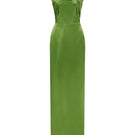 Green satin silk gown with ruched neckline and tie, featuring elegant draping and a sophisticated style by I.H.F.