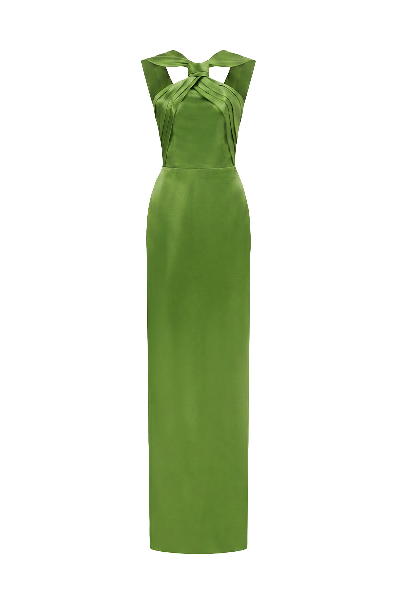 Green satin silk maxi dress by I.H.F featuring a ruched neckline and tie, displayed on a hanger against a neutral background.