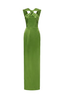 Green satin silk gown with ruched neckline and tie, featuring elegant draping and a sophisticated style by I.H.F.