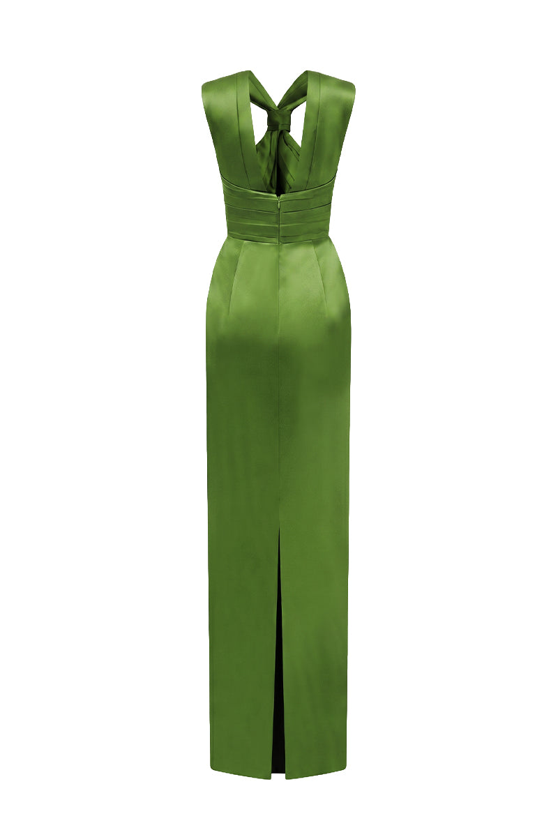 Green satin silk maxi dress by I.H.F with a ruched neckline and tie, showcasing a flowing elegant design.