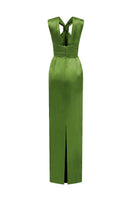 Green satin silk gown with ruched neckline and tie, stylish evening dress by I.H.F, perfect for formal occasions.