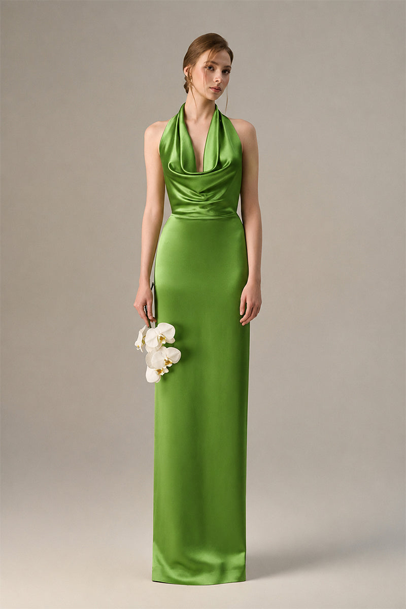 Green satin silk halter maxi dress with pleated detailing, designed by I.H.F, featuring a flowing silhouette and elegant style.