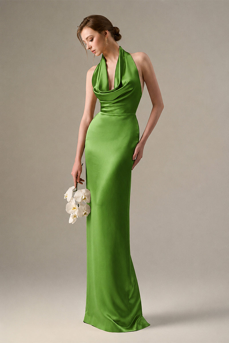 Green satin silk halter maxi dress with pleated detailing, stylish and elegant for special occasions, by I.H.F.