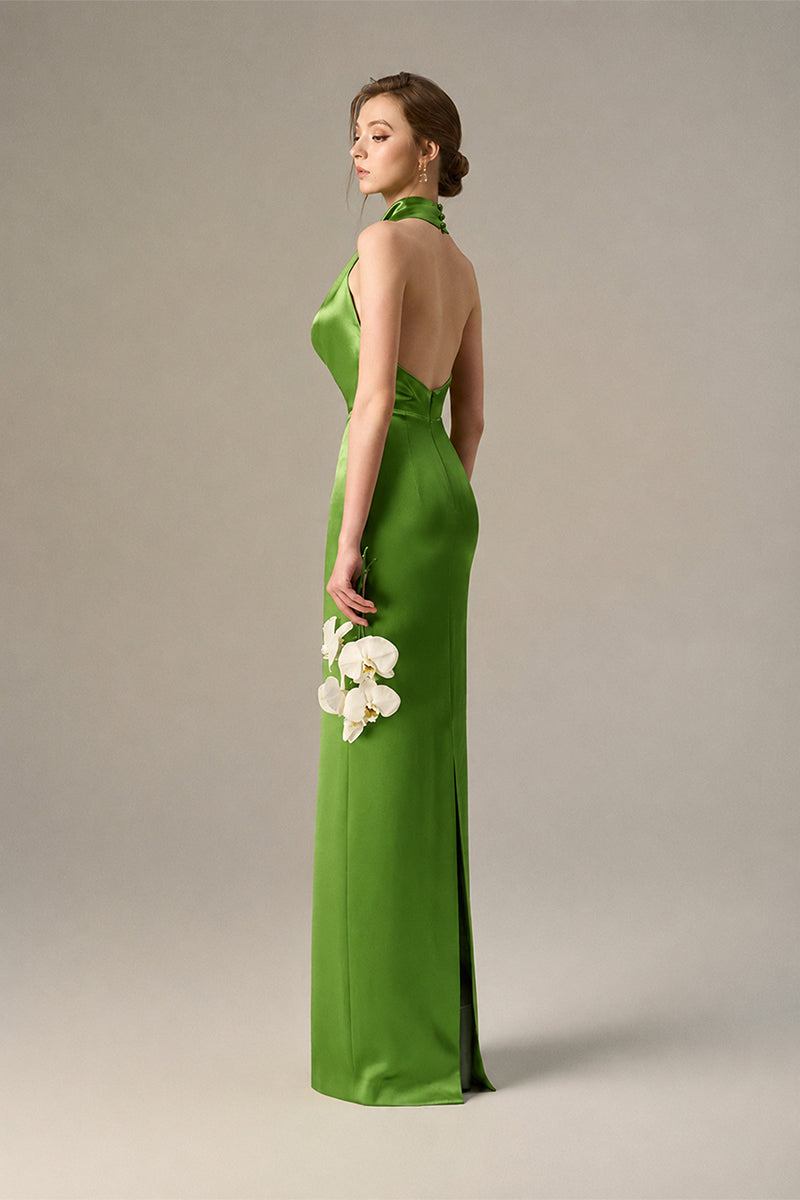 Green satin silk halter maxi dress with pleated detailing from I.H.F, featuring sleek fabric and elegant design.