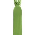 Green satin silk halter gown by I.H.F with pleated detailing, showcasing a smooth, elegant design perfect for formal occasions.