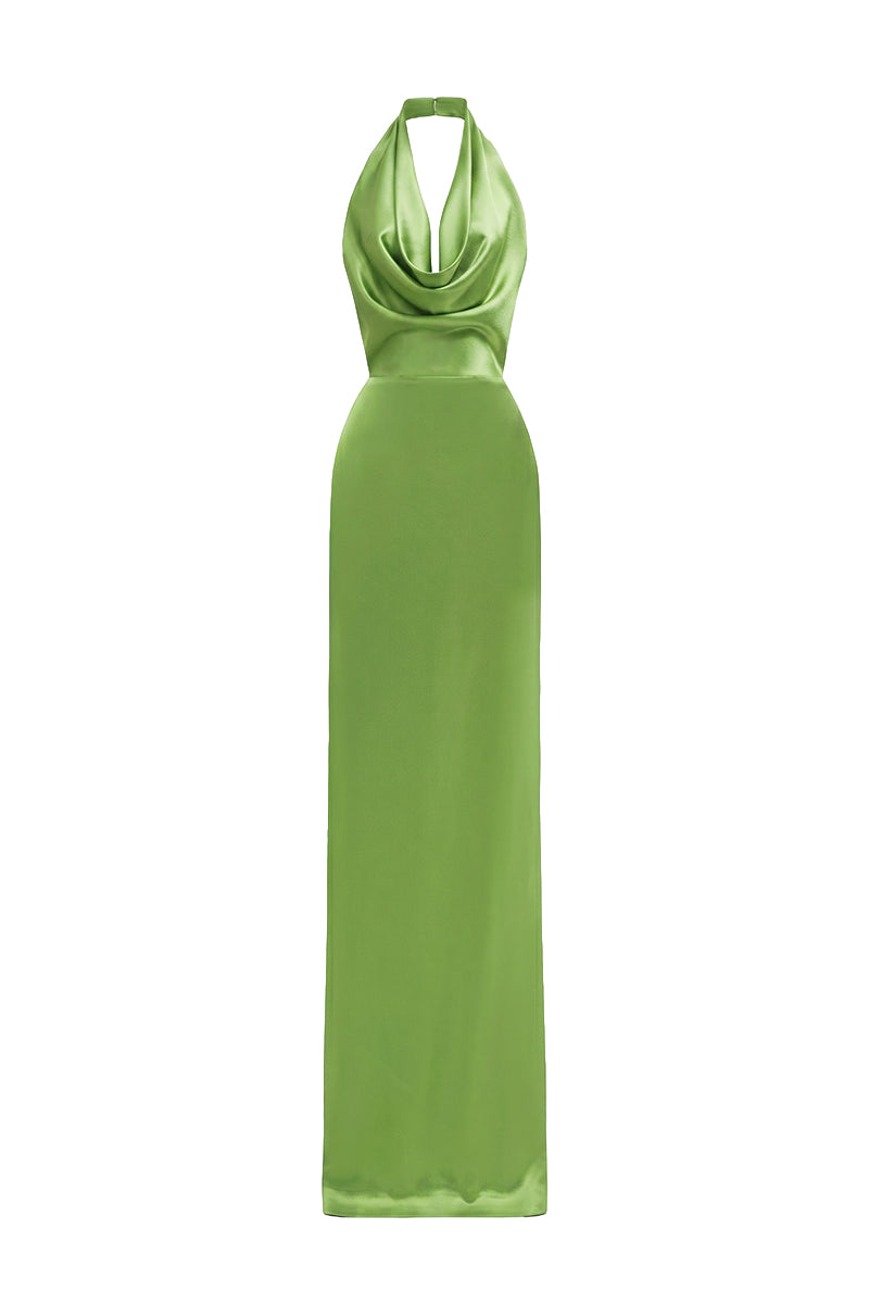 Green satin silk halter maxi dress with pleated detailing by I.H.F, featuring a flowing silhouette and elegant design.