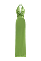 Green satin silk halter gown by I.H.F with pleated detailing, showcasing a smooth, elegant design perfect for formal occasions.