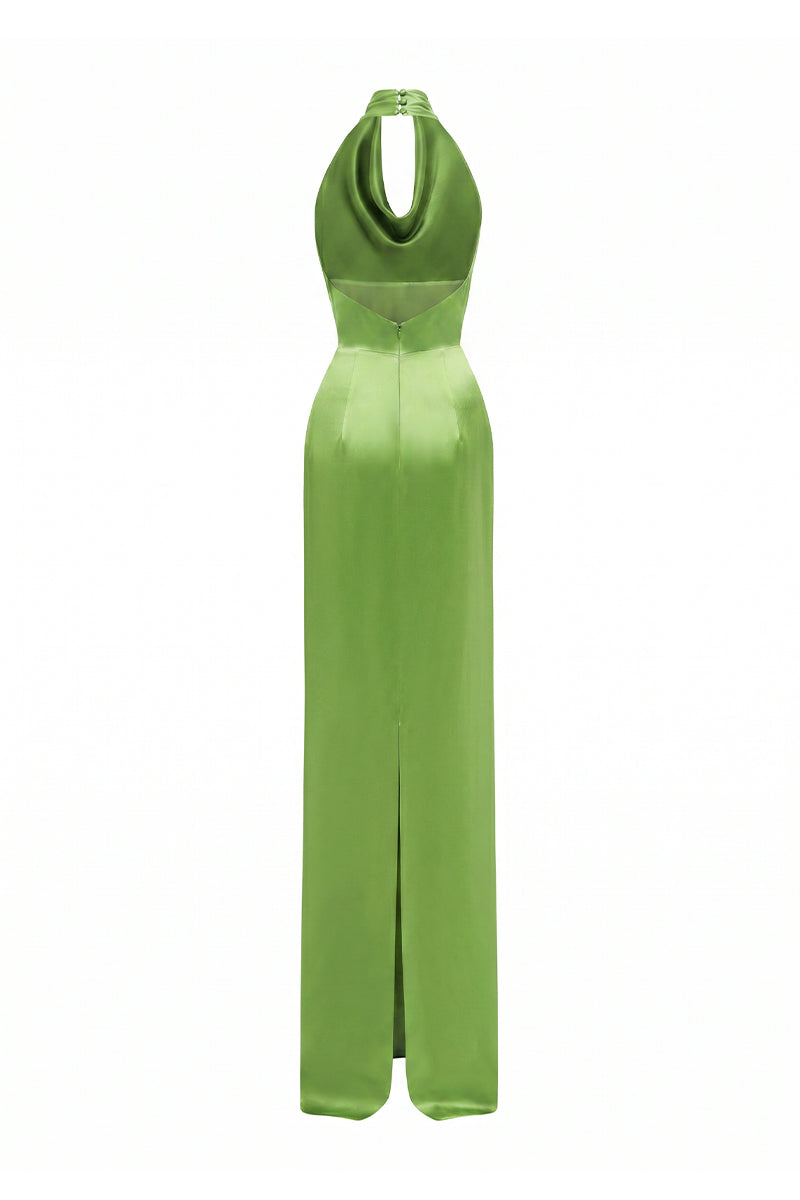 Green satin silk halter maxi dress with pleated detailing by I.H.F, featuring a sleek, elegant design and flowing fabric.