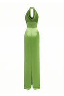 Green satin silk halter gown with pleated detailing by I.H.F, featuring a flowing design and elegant neckline.