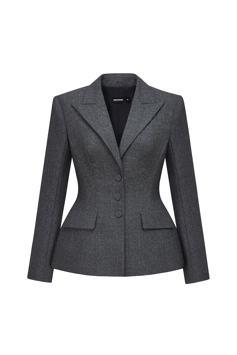 Gray Montsand single-breasted blazer featuring a tailored fit and classic lapel, displayed on a neutral background.
