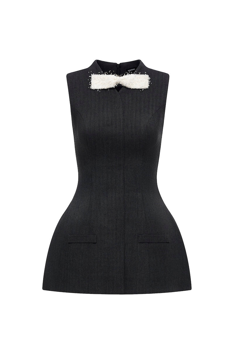 Gray sleeveless blazer with bow detail from Montsand, stylish sleeveless blazer top perfect for layered looks.