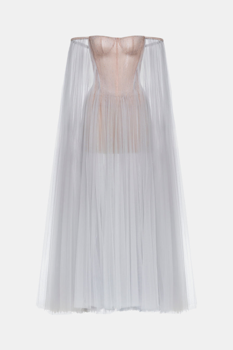 Gray tulle off-shoulder maxi dress by Montsand featuring a flowing silhouette and elegant design for stylish occasions.