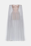 Grey tulle off-shoulder gown by Montsand featuring a flowy, elegant maxi dress with a fitted waist and off-shoulder neckline.