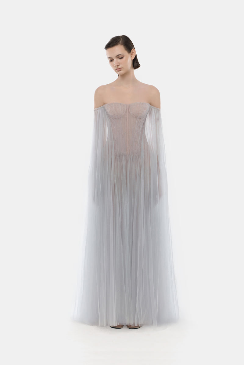 CULT MIA X MOTNSAND GRAY TULLE OFF-SHOULDER MAXI DRESS