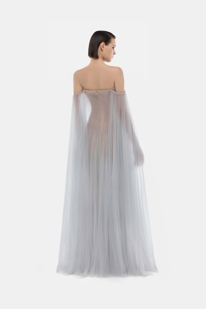 CULT MIA X MONTSAND GRAY TULLE OFF-SHOULDER MAXI DRESS | CULT MIA