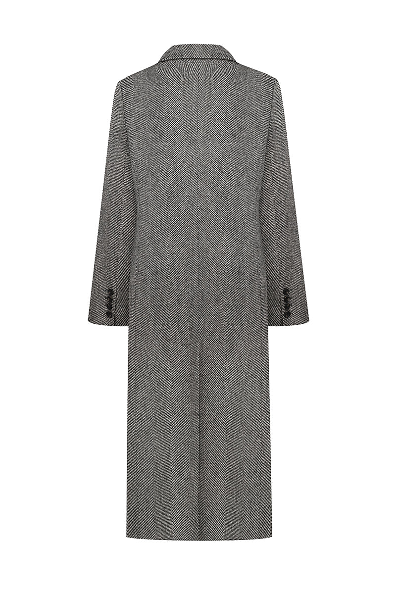 Gray double-breasted midi coat with chevron pattern from ELENAREVA, showcasing a stylish and tailored outerwear piece.