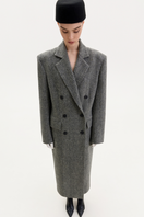 Gray double-breasted midi coat with chevron pattern from ELENAREVA, showcasing tailored design and classic style.