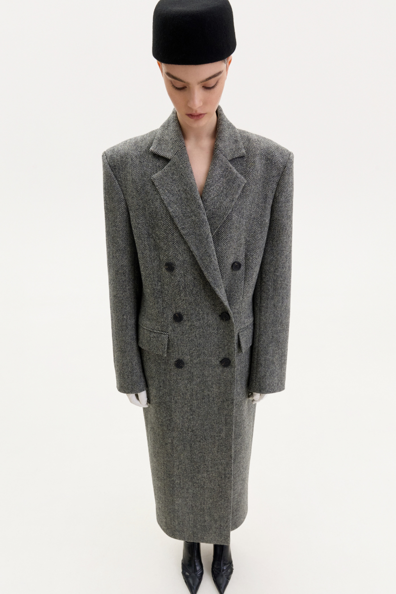 Gray double-breasted midi coat with chevron pattern from ELENAREVA, showcasing tailored design and classic style.