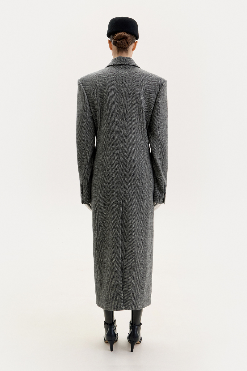 Gray double-breasted midi coat with a chevron pattern from ELENAREVA, featuring a tailored fit and stylish design.