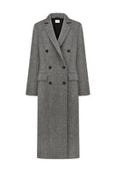 Gray double-breasted midi coat with chevron pattern from ELENAREVA, showing the stylish design and tailored fit.