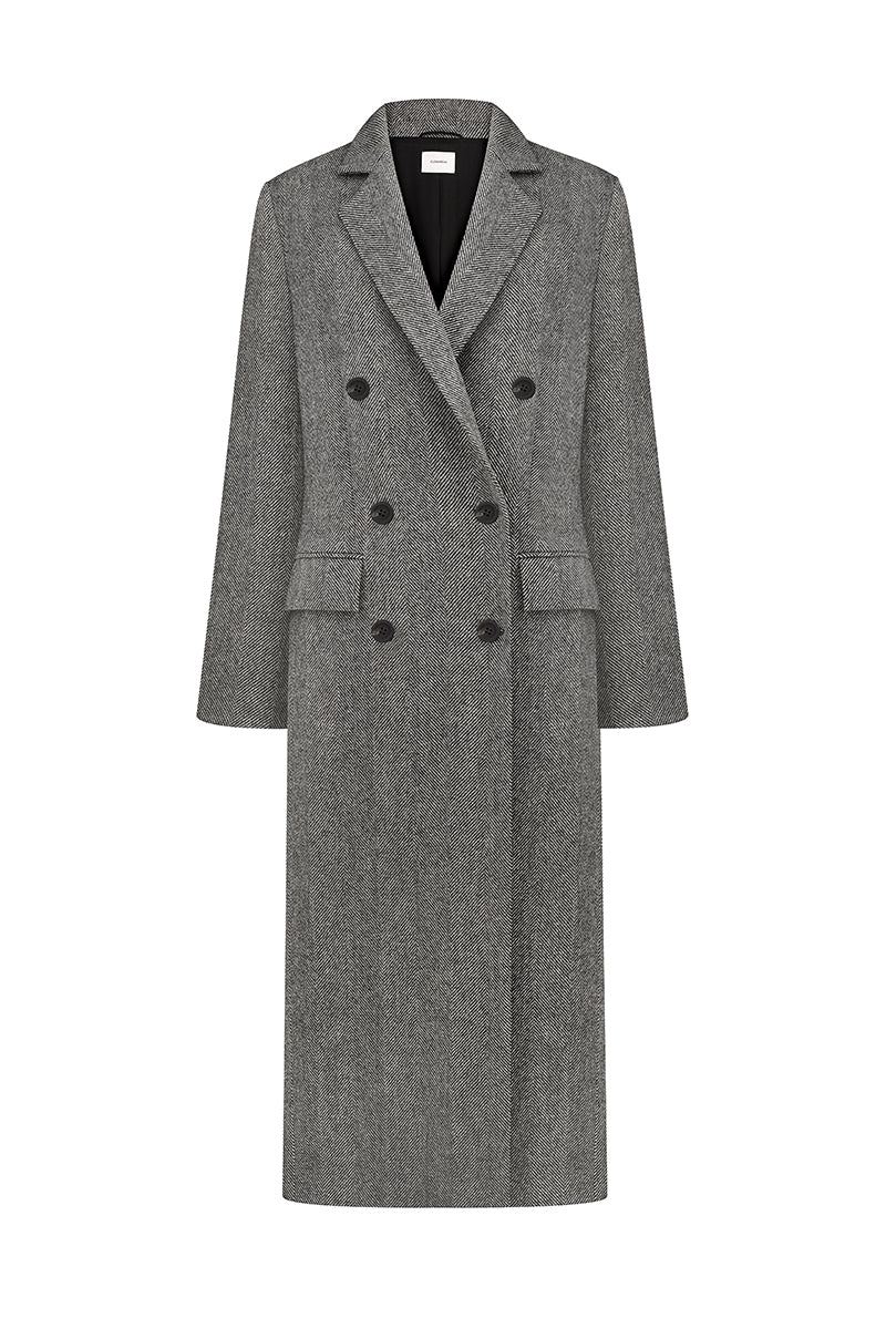 Gray double-breasted midi coat with chevron pattern from ELENAREVA, showing the stylish design and tailored fit.